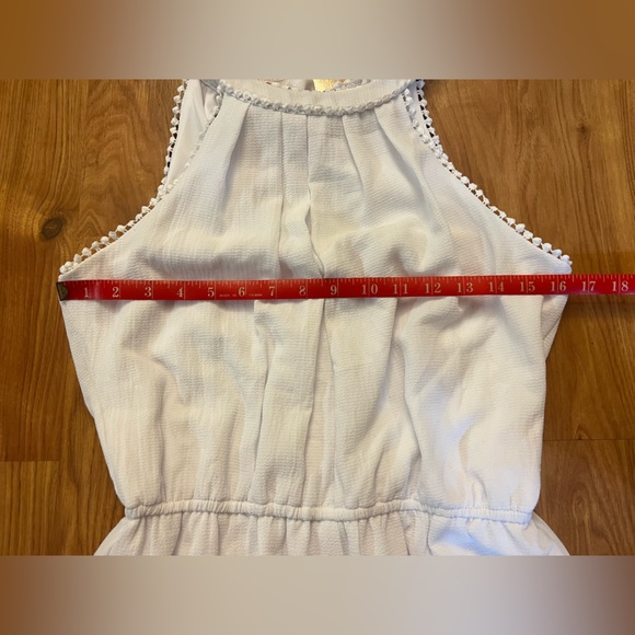 Francesca’s Women’s Small White Tie-Neck Halter Romper Blue Rain Pom Pom Trim - Picture 14 of 14